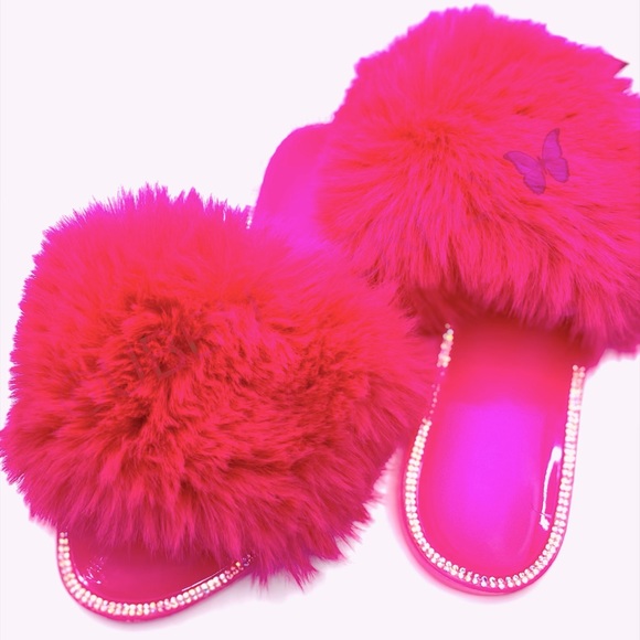 🌺NEW ARRIVAL🌺 Hot Pink Jelly Furry Slides - Picture 4 of 5